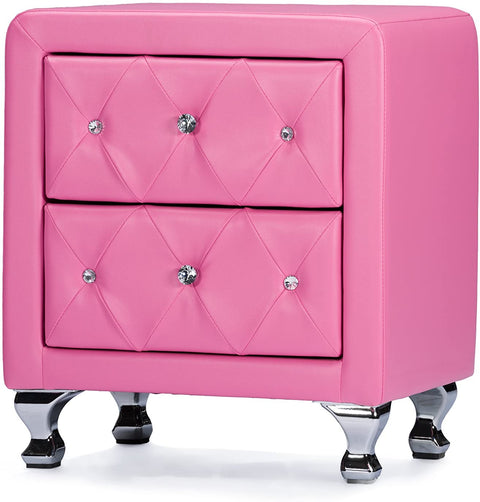 Oakestry Stella Crystal Tufted Pink Leather Modern Nightstand