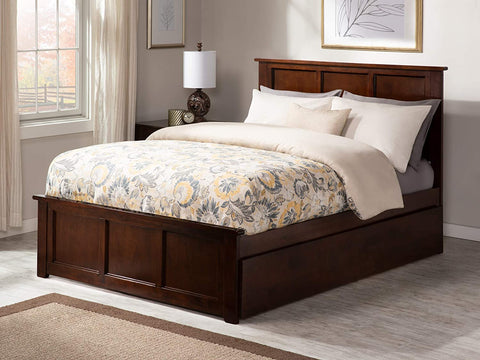 AFI Madison Platform Bed with Matching Footboard and Turbo Charger with Twin Extra Long Trundle, Queen, Walnut