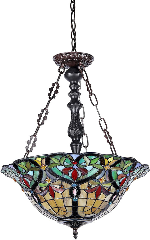 Oakestry CH33389VR18-UH3 Tiffany-Style Victorian 2 Light Inverted Ceiling Pendant 18-Inch Shade, Multi-Colored