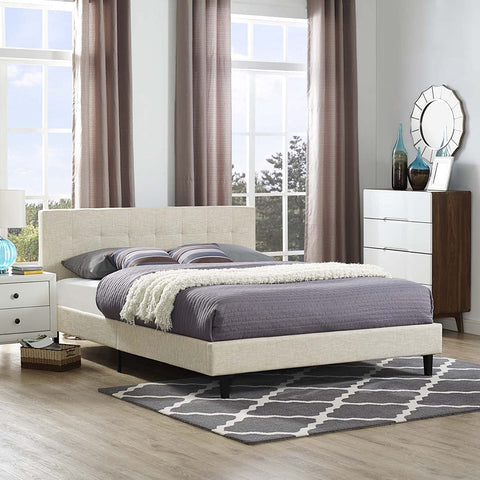 Oakestry Linnea Upholstered White Full Platform Bed with Wood Slat Support