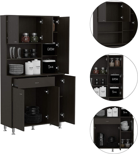 Oakestry Black Modern Engineered Wood Della 90 Pantry Cabinet With Hutch