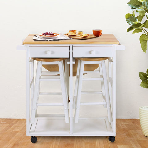 Oakestry Drop Leaf Breakfast Cart with 2 Stools-White