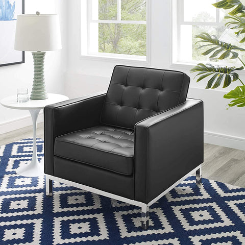 Oakestry Loft Tufted Button Faux Leather Upholstered Accent Armchair in Silver Black