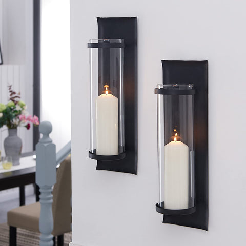 Oakestry Metal Pillar Candle Sconces with Glass Inserts - A Wrought Iron Rectangle Wall Accent (Set of 2), Black