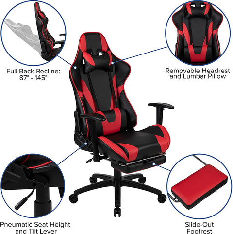 Oakestry X30 Gaming Chair Racing Office Ergonomic Computer Chair with Fully Reclining Back and Slide-Out Footrest in Red LeatherSoft