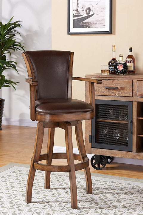 Oakestry Raleigh 30&#34; Bar Height Swivel Kahlua Faux Leather and Chestnut Wood Arm Bar Stool