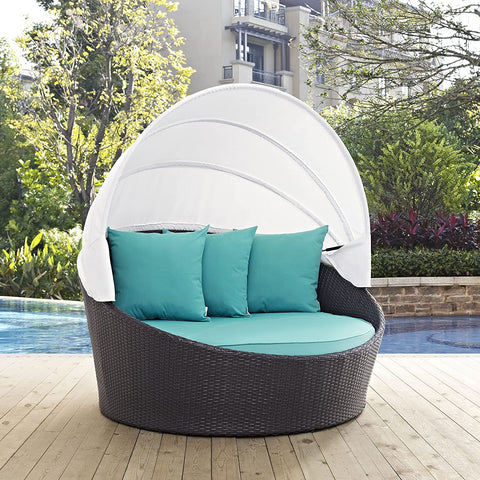 Oakestry Convene Wicker Rattan Outdoor Patio Retractable Canopy Round Poolside Sofa Daybed in Espresso Turquoise