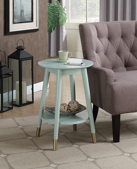 Oakestry Wilson Mid Century Round End Table with Bottom Shelf, Sea Foam