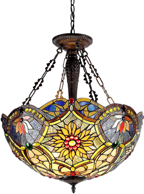 Oakestry CH33270VB21-UH3 Tiffany-Style Victorian 3 Light Inverted Ceiling Pendant 21-Inch Shade, Multi-Colored