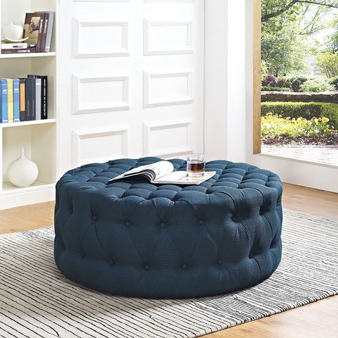 Oakestry Amour Fabric Upholstered Button-Tufted Round Ottoman in Azure