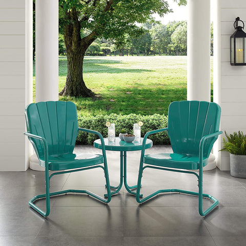 Oakestry KO10012TU Ridgeland Retro Metal 3-Piece Seating Set with 2 Chairs and Side Table, Turquoise