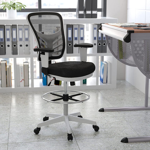 Oakestry Mid-Back Black Mesh Ergonomic Drafting Chair with Adjustable Chrome Foot Ring, Adjustable Arms and White Frame