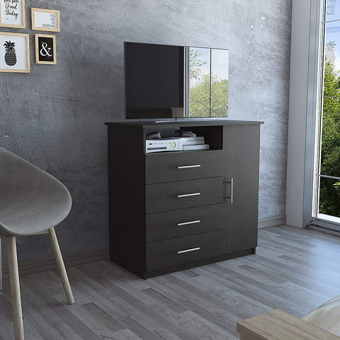 Oakestry Peru 4-Drawer Dark Grey Chest with 4 Spacious Drawers,1 Cabinet and 1 Storage Shelf