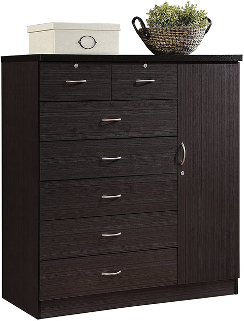 Hodedah 7-Drawer Chest with Locks on 2-Top Drawers plus 1-Door with 3-Shelves in Chocolate