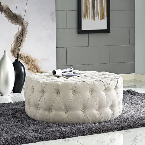 Oakestry Amour Fabric Upholstered Button-Tufted Round, Ottoman, Beige