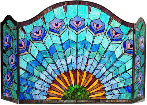 Oakestry Regal Eudora Tiffany-Glass 3Pcs Folding Peacock Fireplace Screen 48&#34; Wide