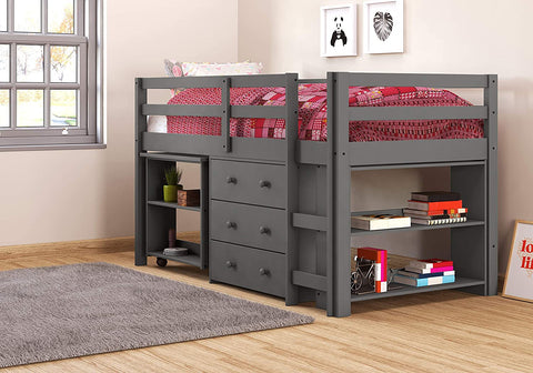 Oakestry kids Low Loft Bed with Desk, Twin, Dark Grey