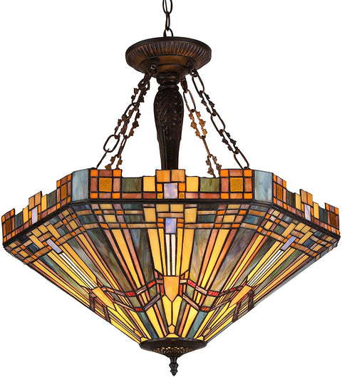 Oakestry CH36432MS24-UH3 Tiffany Saxon, Tiffany-Style 3 Light Mission Inverted Ceiling Pendant Fixture 24&#34; Shade, Multi