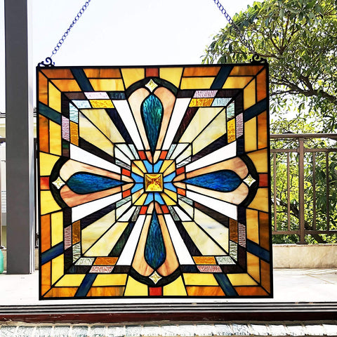 Oakestry CH1P450GM20-GPN Archie Tiffany-Style Mission Stained Glass Window Panel 20&#34; Height, Amber and Blue