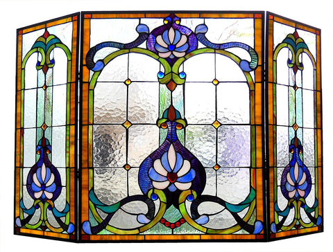 Oakestry 3pcs Folding Victorian 44&#34; Wide Tiffany-Glass Fireplace Screen