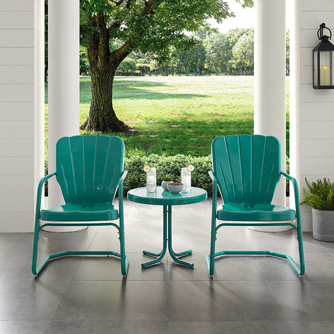 Oakestry KO10012TU Ridgeland Retro Metal 3-Piece Seating Set with 2 Chairs and Side Table, Turquoise