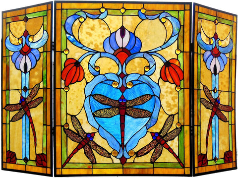 Oakestry 3pcs Dragonfly 44&#34; Wide ZYGO Tiffany-Style Folding Fireplace Screen