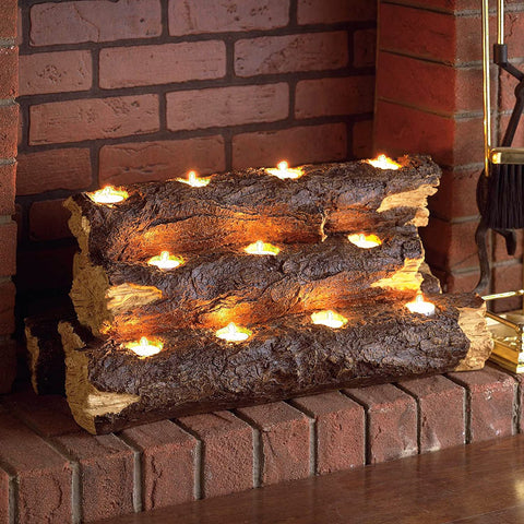 Oakestry Resin Tealight Faux Fireplace Log Candle Holder, 24&#34;, Rustic Wood