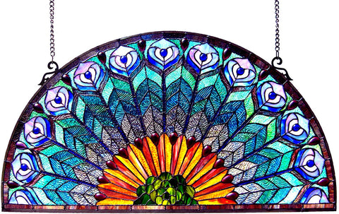 Oakestry Oakestry Peacock Design Half Round Stained Glass Window Panel