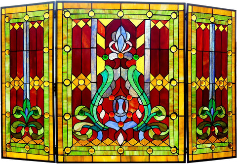 Oakestry 3pcs Folding Victorian 44&#34; Wide Tiffany-Glass Fireplace Screen