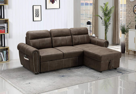Oakestry Hugo Brown Polished Microfiber Fabric Padded Upholstered Reversible Chaise Sectional Sofa Sleeper Couch with USB Charger Sofa Bed Phone Ipad Charging Port Dock Contemporary Functional