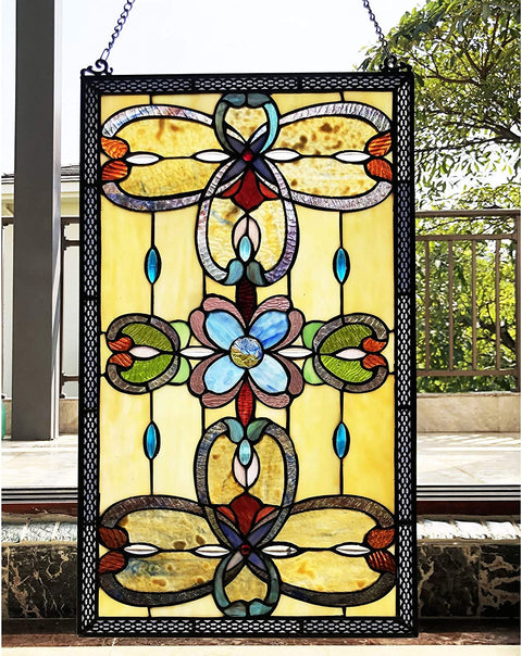 Oakestry CH1P229AV26-GPN Jenice Tiffany-Style Victorian Stained-Glass Window Panel 26&#34; Height, Amber