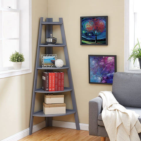 Oakestry BQ0279GR Decorative 5-Tier A-Frame Corner Ladder Bookcase ̢‰âÛÏ Standing Open 5-Shelf Unit ̢‰âÛÏ Gray Finish