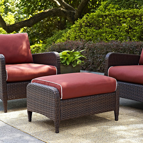 Oakestry Kiawah Outdoor Wicker Ottoman with Sangria Cushions - Brown